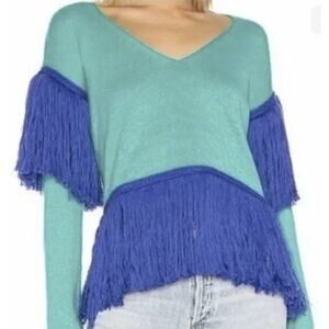 House of Harlow 1960 X Revolve Blue Teal Fringe V Neck Knit Sweater Top Size S